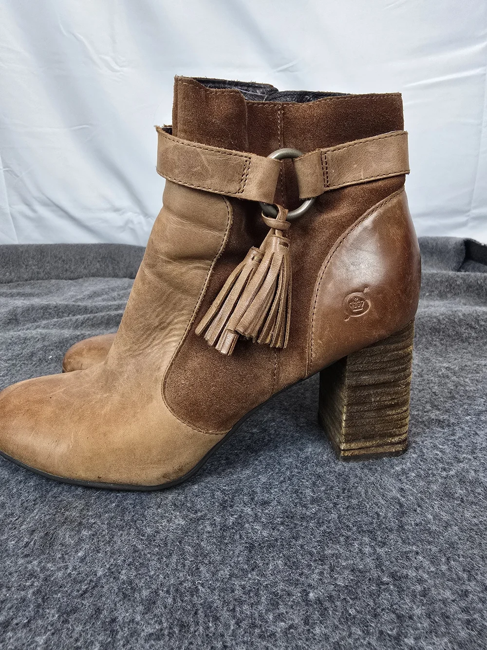 Born Brown Suede & Leather Tassel Block Heel Ankle Boots
